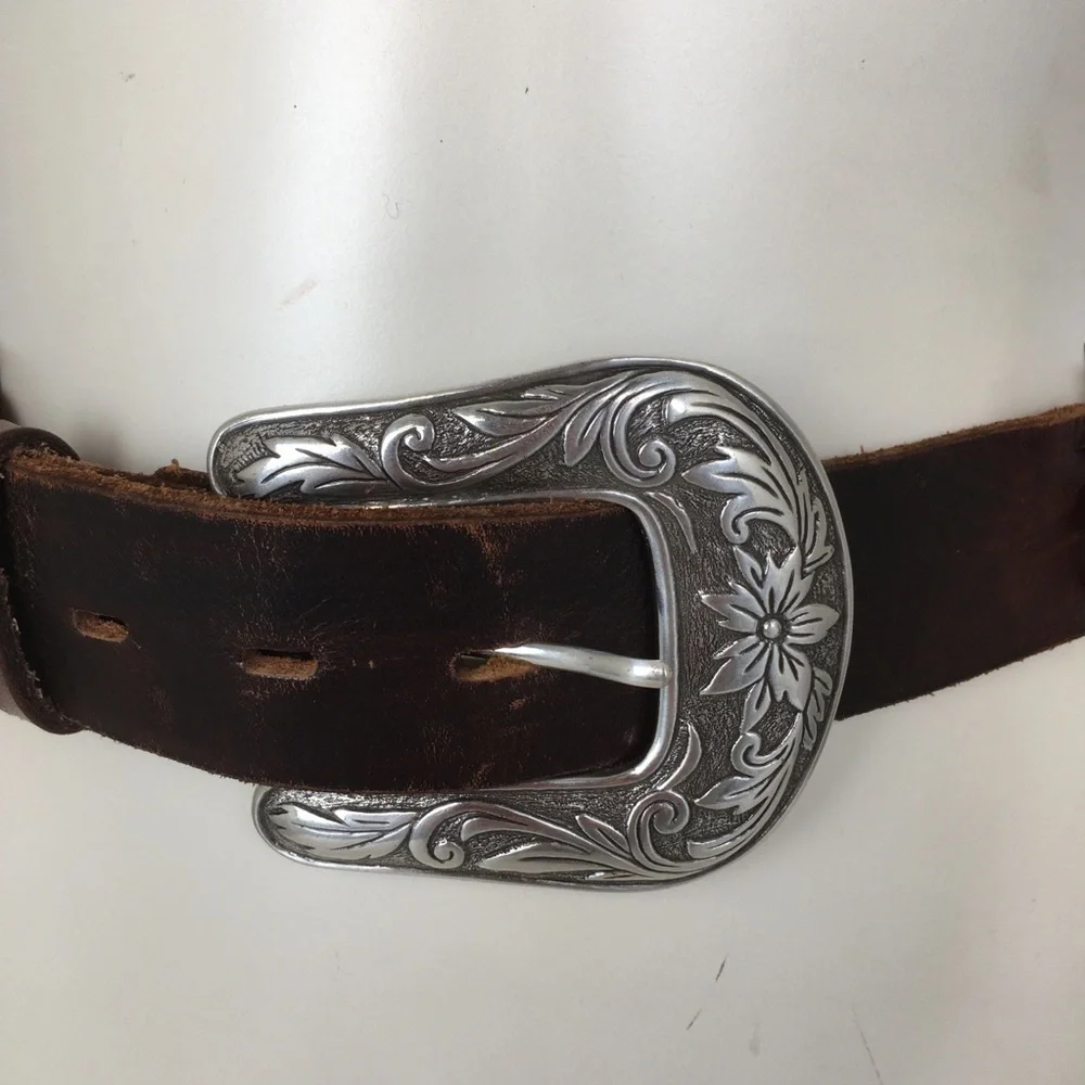 Chunky Braided Woven Leather Belt Dark Brown Western Floral Silver Buckle Boho